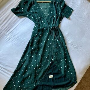 Elegant Green Polka Dot Wrap Dress